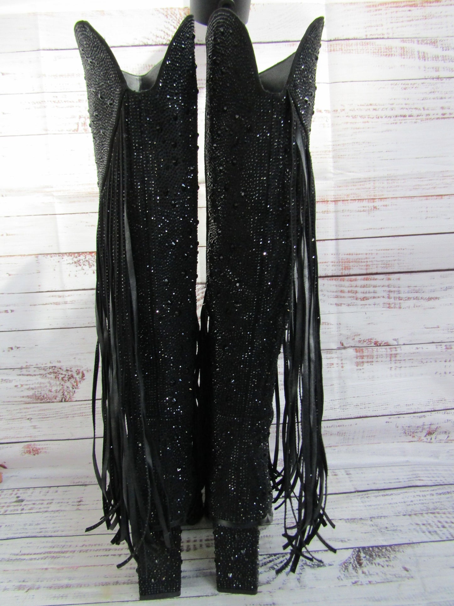 Ouepiano Women's Black Faux Leather Fringe Studded Western Boots Size 8