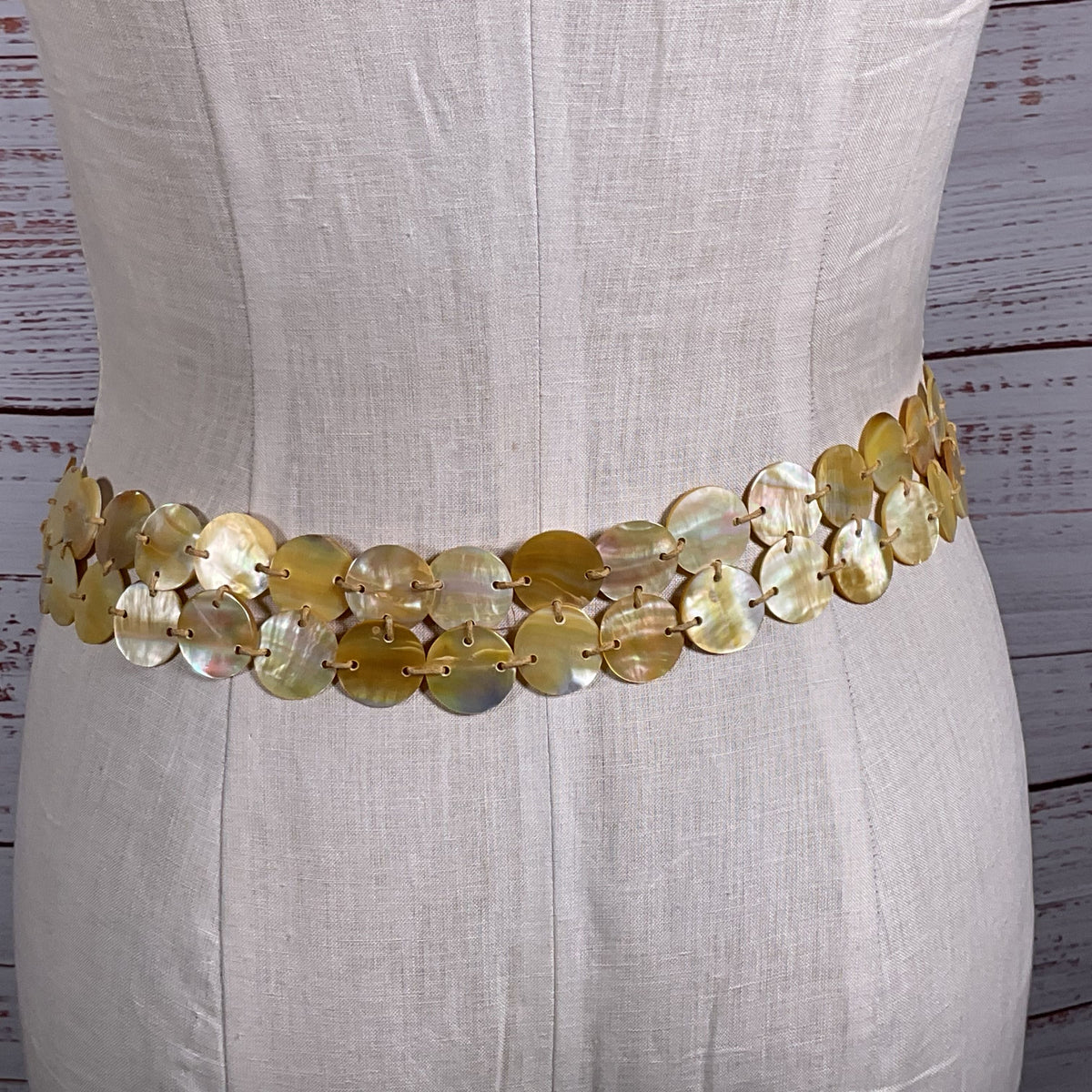 VTG. Mother of Pearl Shell Disc Adjustable Boho Braided Cord Belt- 60"