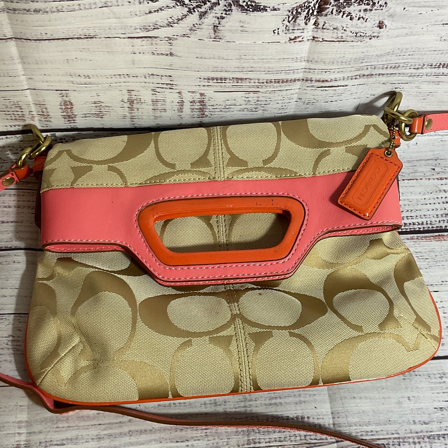 COACH Bonnie Signature Tan Pink/Coral Colorblock Trim Canvas Crossbody/Hand Bag
