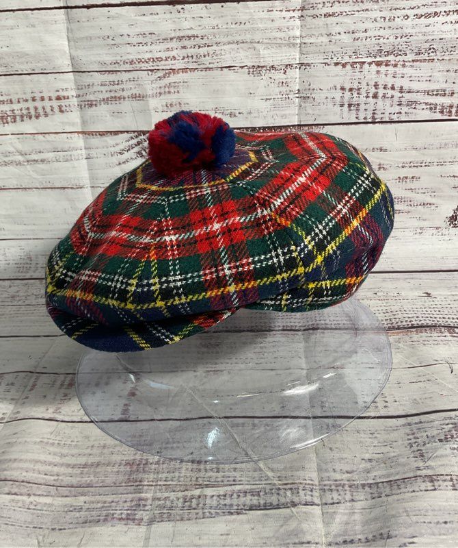 Scottish Clanwear Plaid Wool Beret Hat Pom Pom Made Scotland - Size 6 7/8