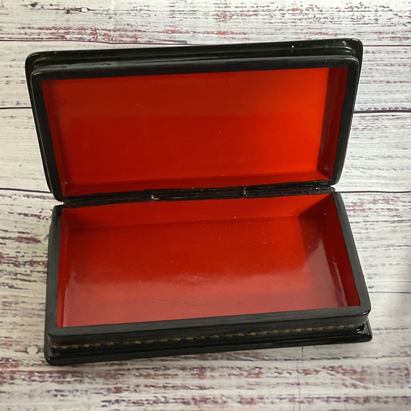 VTG. Russian Black Lacquer Hand Painted Trinket Box- 5" x 2.75"