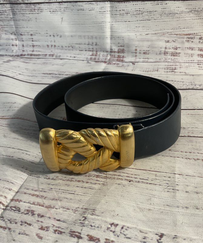 Vintage Lot of 2 Gay Boyer Women's Blue Leather Gold Buckles Belts