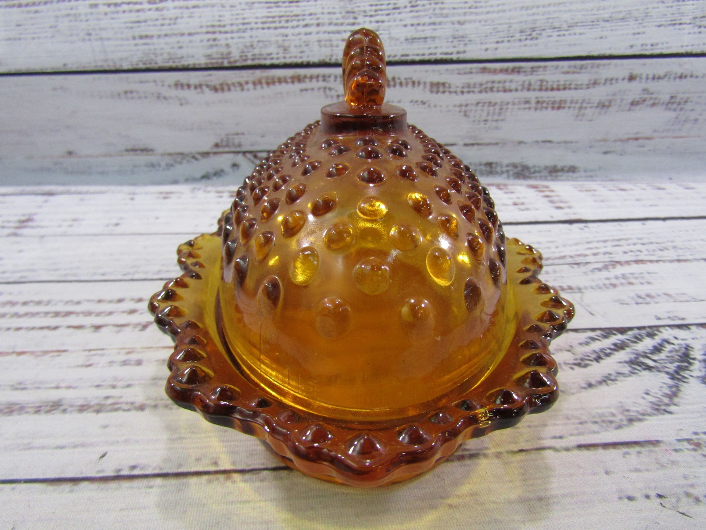 Vintage L.E. Smith Hobnail Amber Glass Covered Butter Tray Shaker