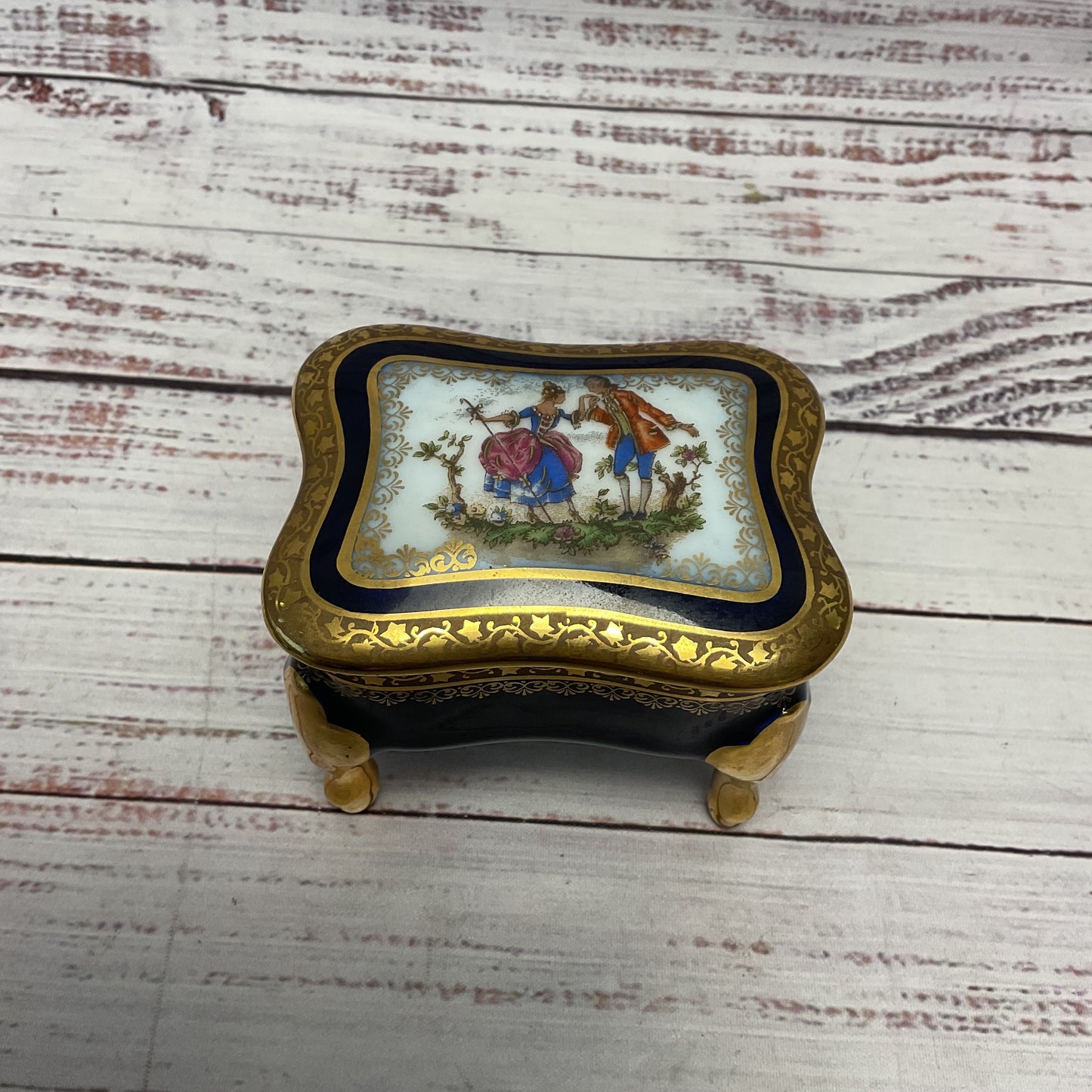Limoges France Cobalt Blue Gilded Porcelain Ceramic Trinket Box 3"x3.5"x2.5"
