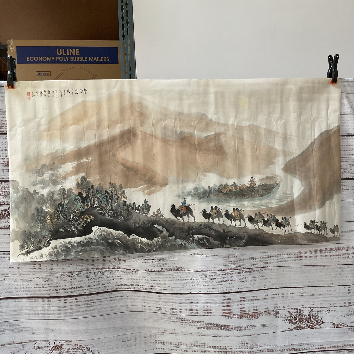 VTG/ANTIQUE Chinese Mingsha Mountain & Crescent Lake Ink & Color Painting- 48.5"