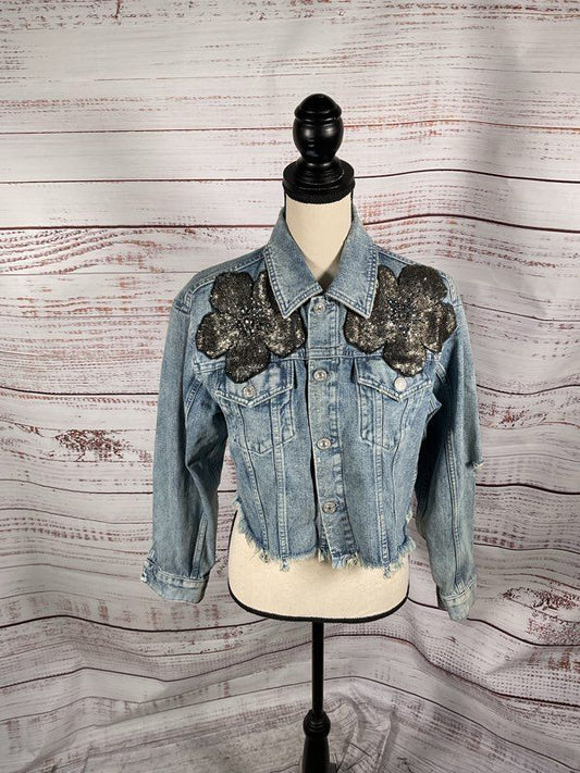 7 For All Mankind Women's Blue Cropped Denim Trucker Jacket Size XS