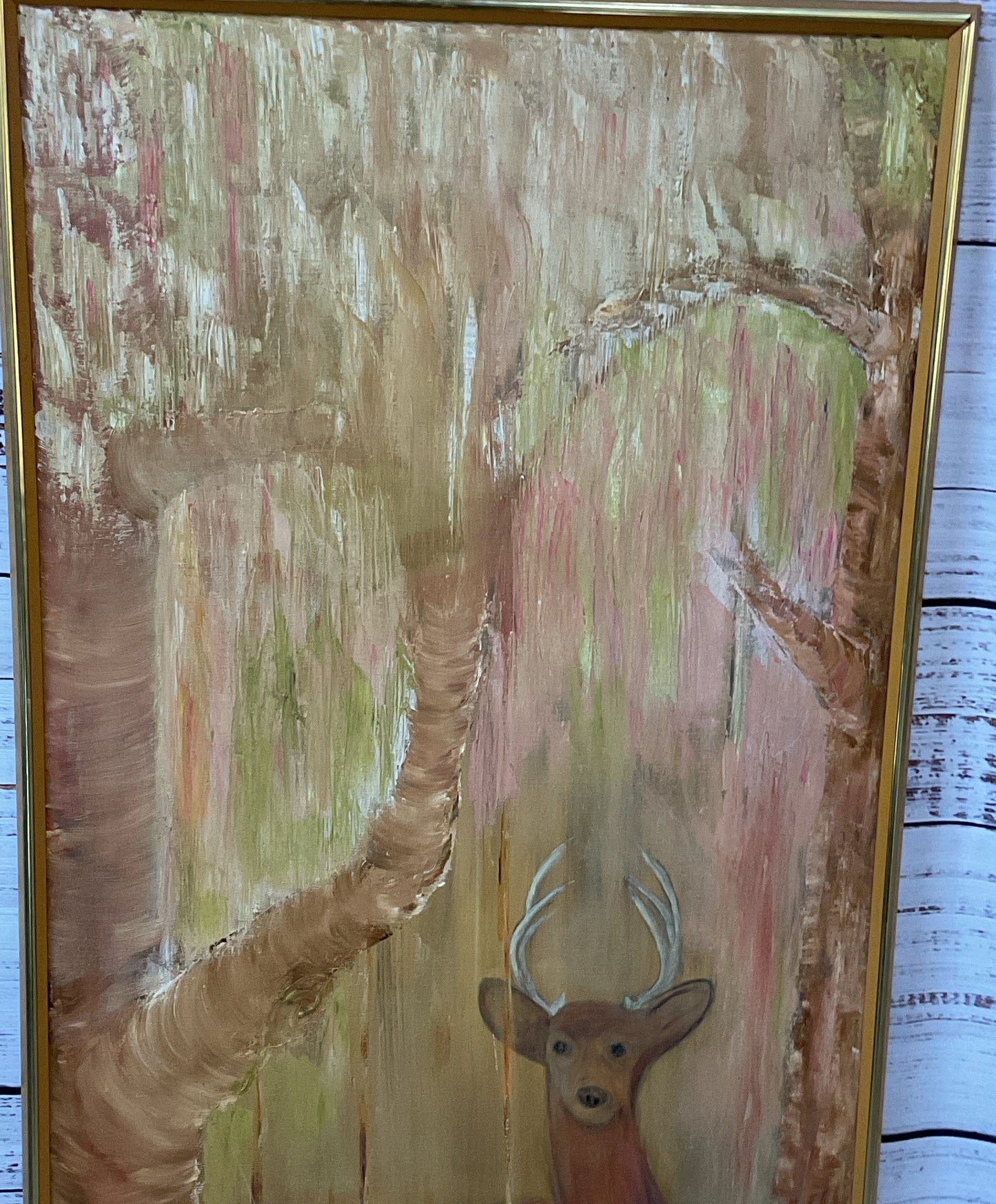 Vintage MCM Deer in Golden Forest Painting Signed by Conte