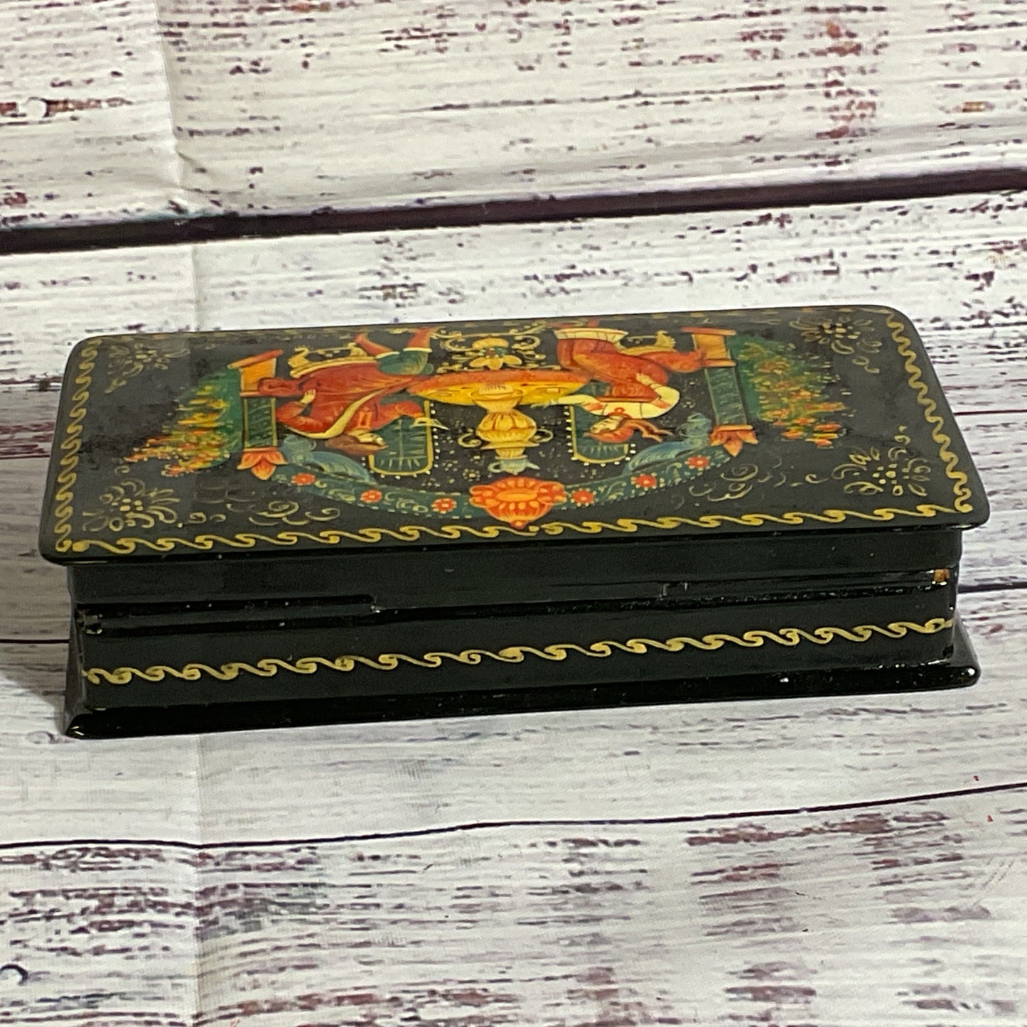 VTG. Russian Black Lacquer Hand Painted Trinket Box- 5" x 2.75"
