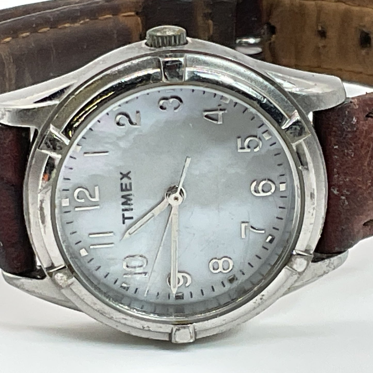 TIMEX SR626SW Cell Women's Silver Tone Mother of Pearl Dial Brown Leather Band