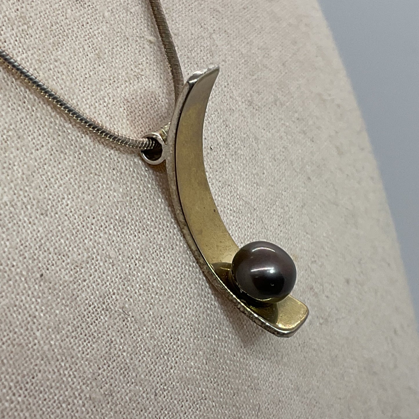 Italy Sterling Silver Vermeil & Pearl Pendant 15.5" Snake Chain Necklace- 10.51g