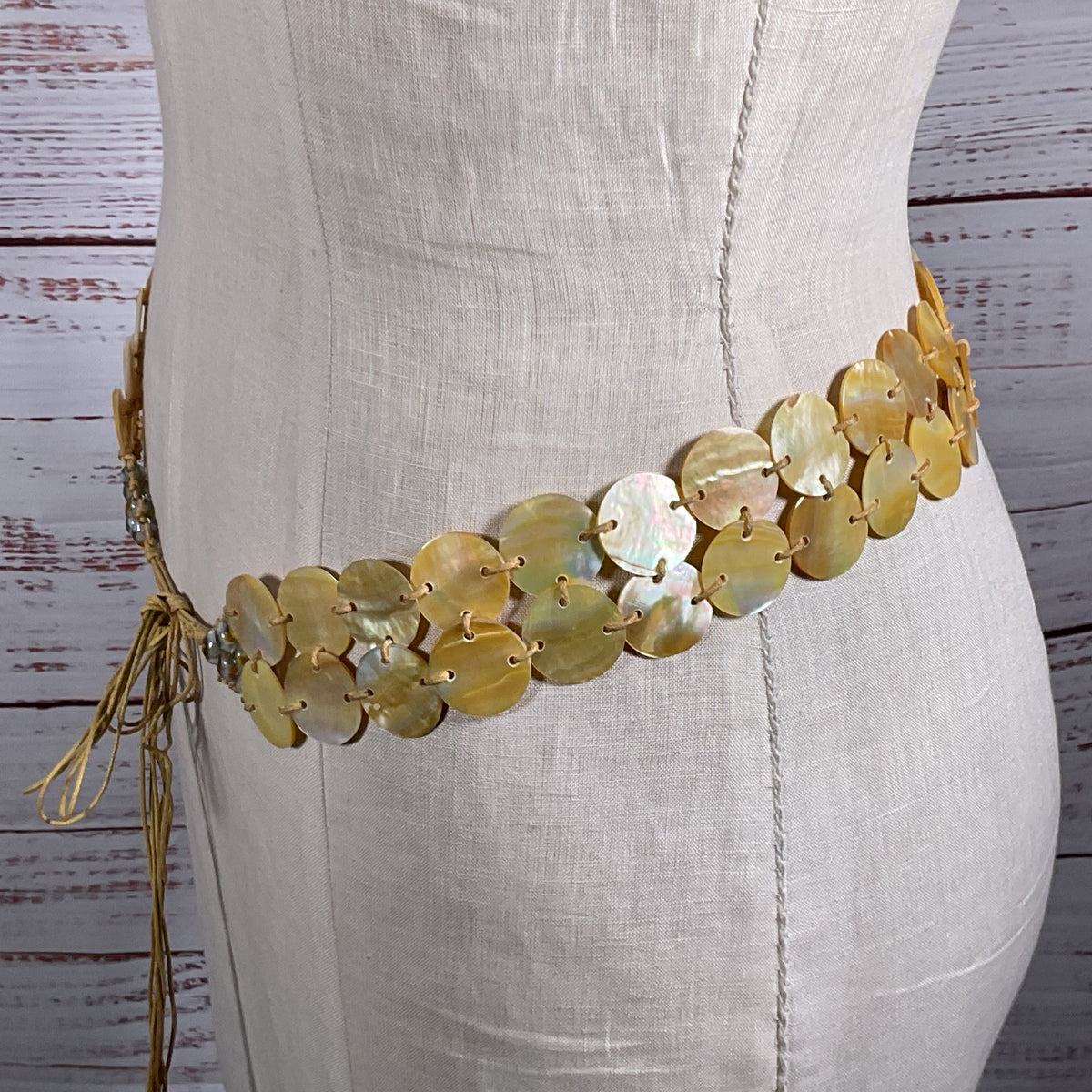 VTG. Mother of Pearl Shell Disc Adjustable Boho Braided Cord Belt- 60"