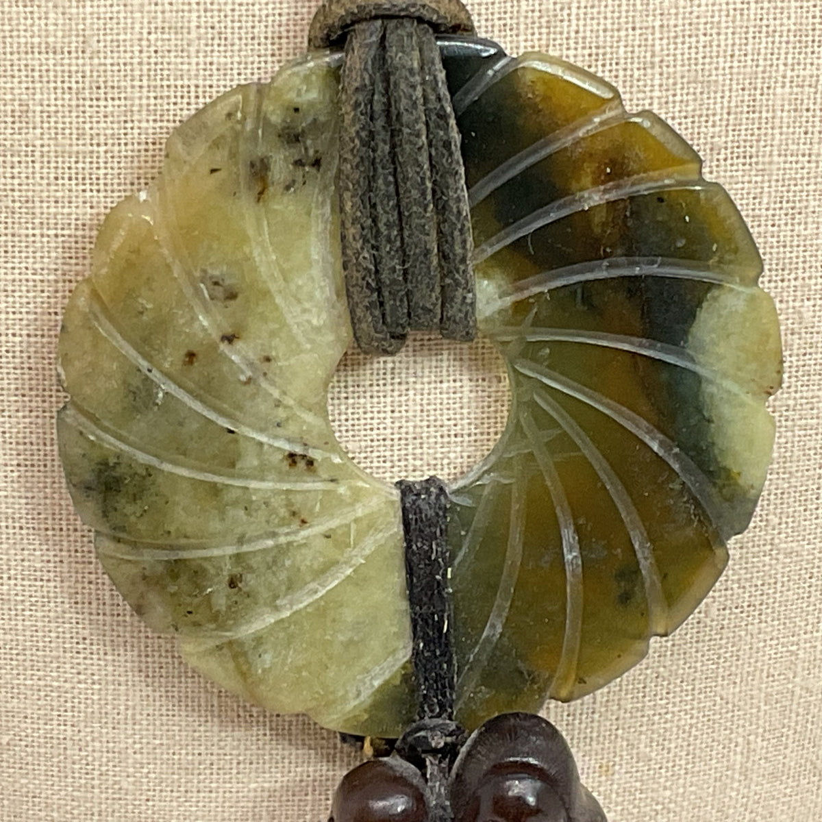 Signed ANTIQUE Japanese Carved Wood Netsuke and Jade Disc Pendant Necklace