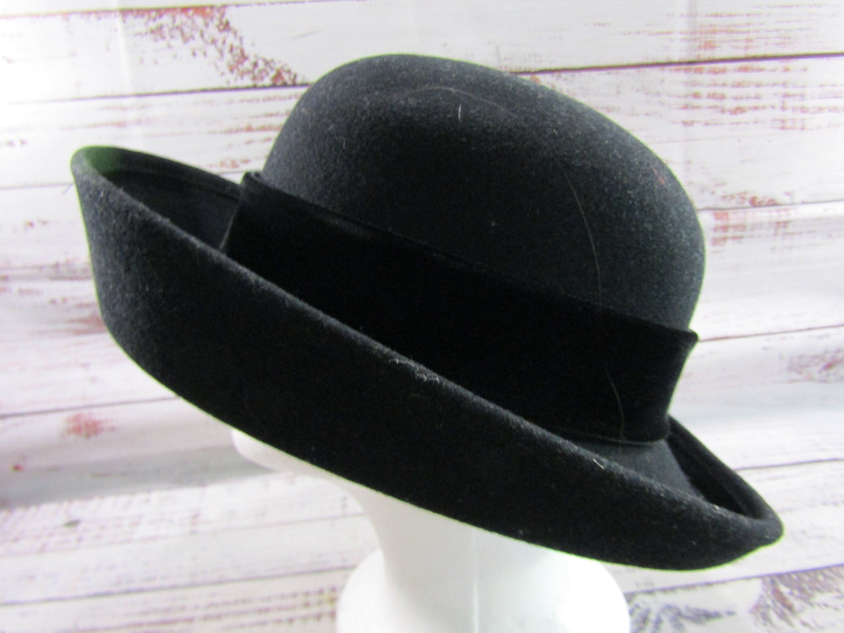 Scala Women's Black Wool Floral Velvet Trim Cloche Hat Size S