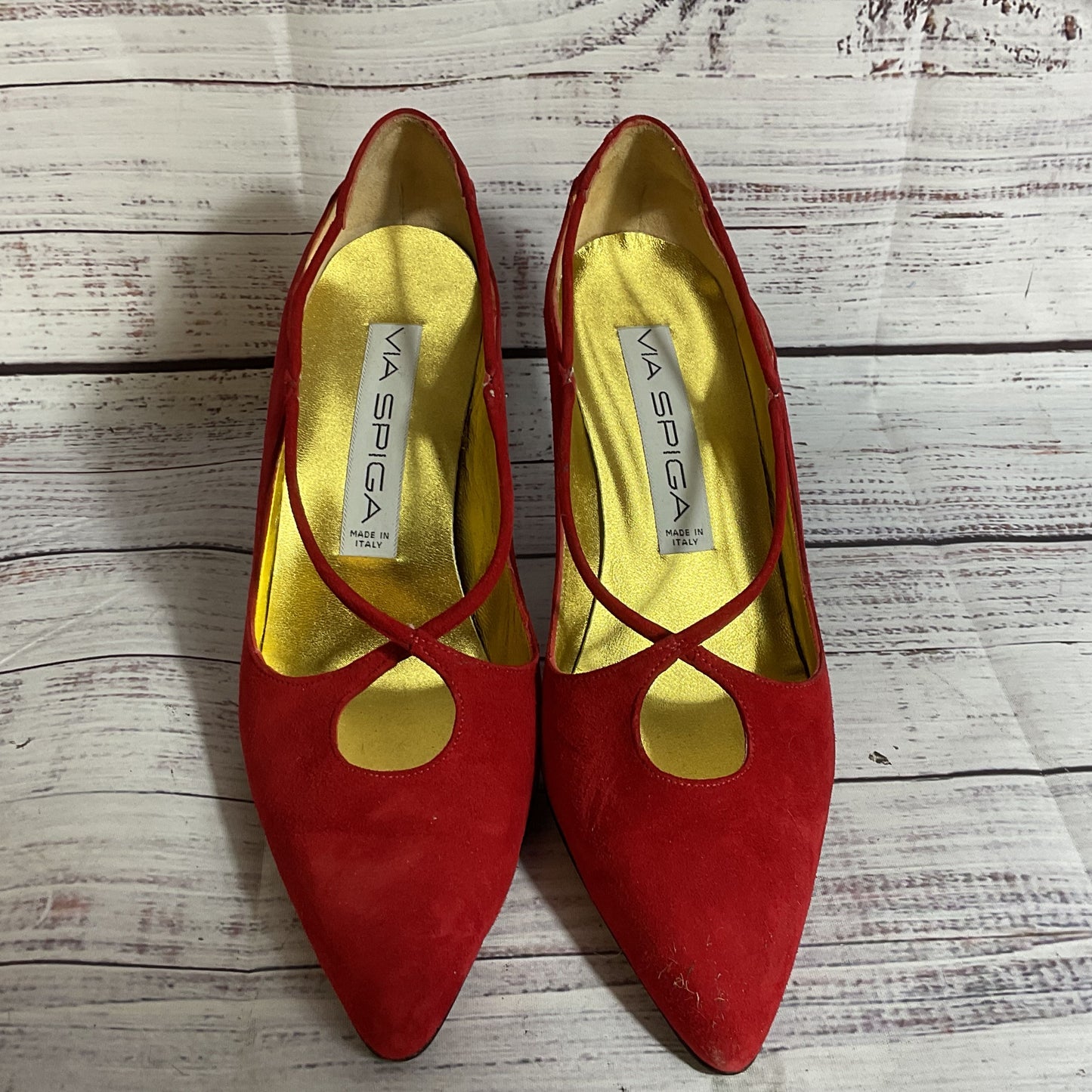 VIA SPIGA Women's Red Suede Cross Front Strap Pump Heels- SZ 7B