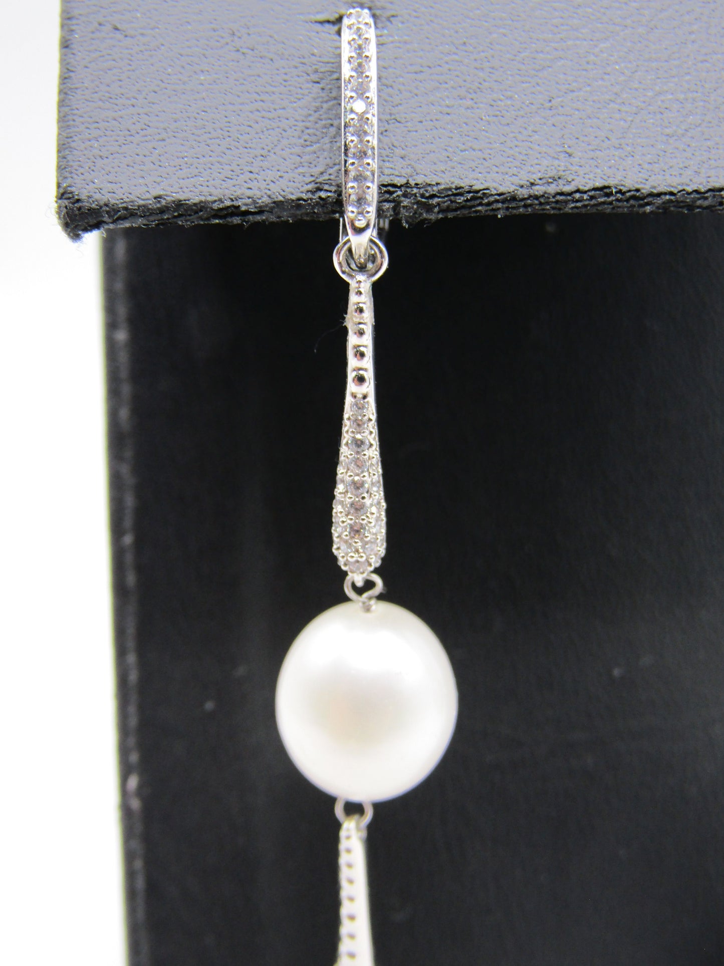 Rhodium Plated CZ Pave Freshwater Pearl Drop Dangle Earrings