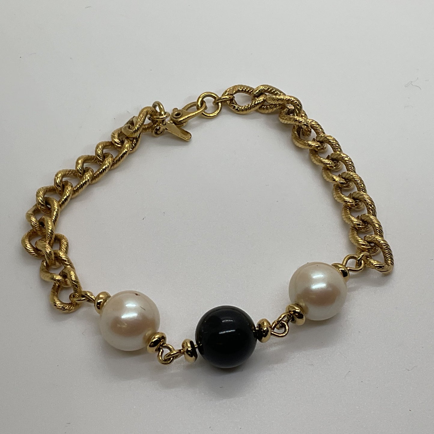 MONET White Black Faux Pearl Gold Tone Chain Bracelet- 7.75"
