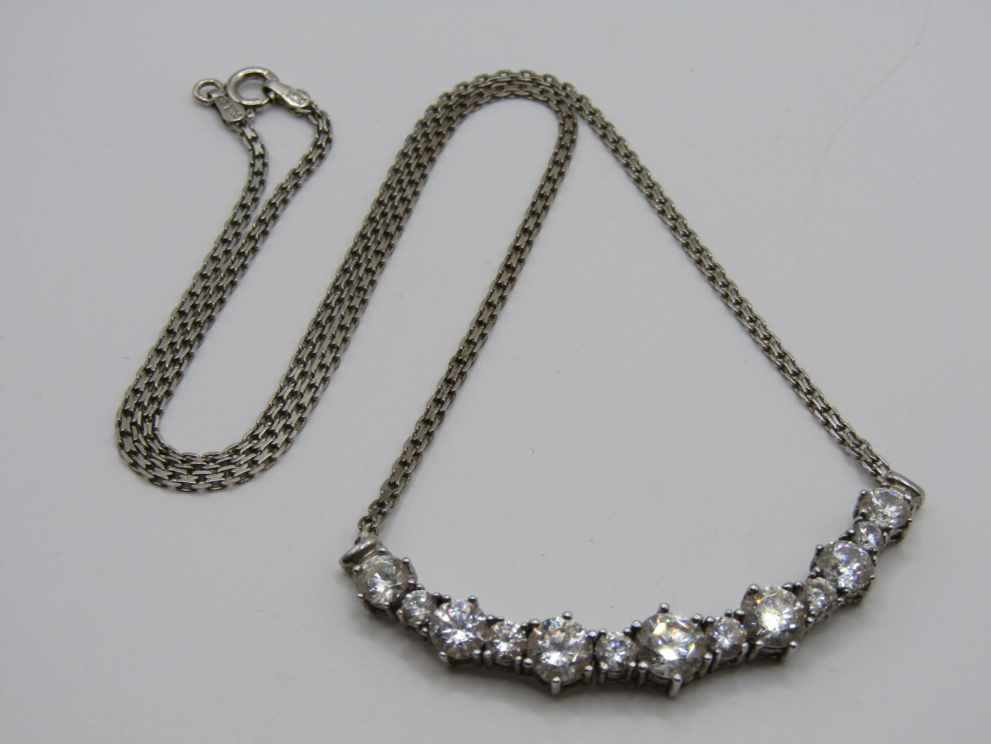 Sterling Silver Cubic Zirconia Crescent Bar Pendant Necklace