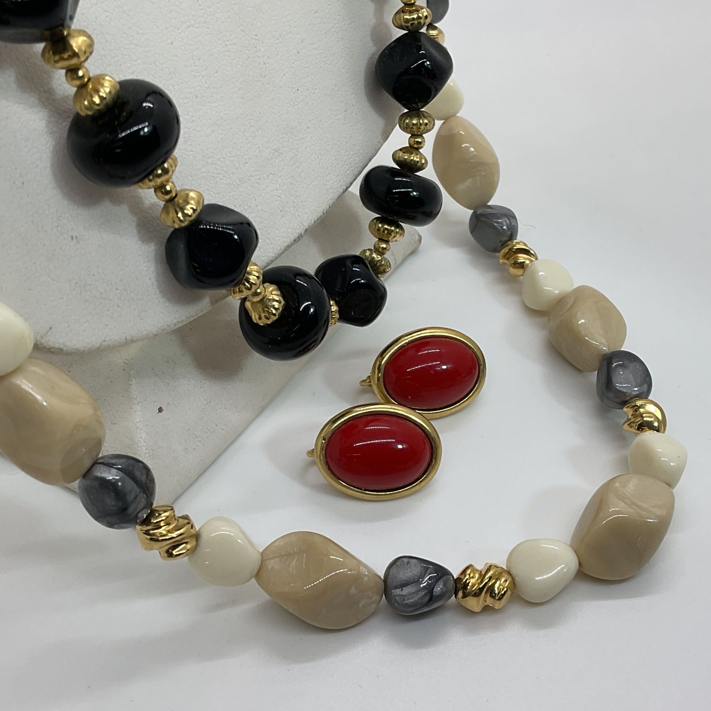 VTG. TRIFARI Set of 2 Beaded 23" & 29" Necklaces and Clip On Earrings