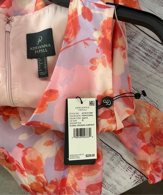 NWT Adrianna Papell Coral Floral Print Organza Jumpsuit Size 4 Retail $229
