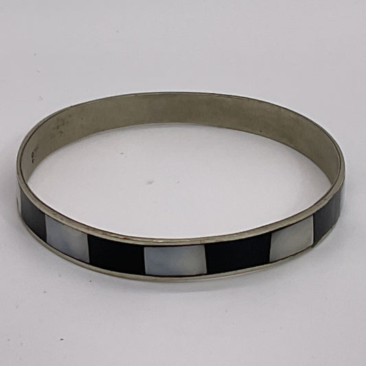 VTG. ALPACA Mexico Silver Tone MOP & Onyx Inlay Bangle Bracelet- 8"