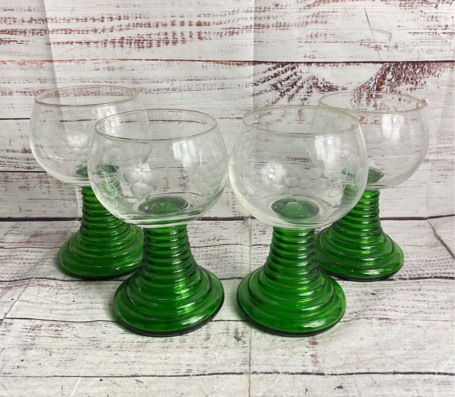 Roemer Style Set of 4 Glass Goblets Green Clear