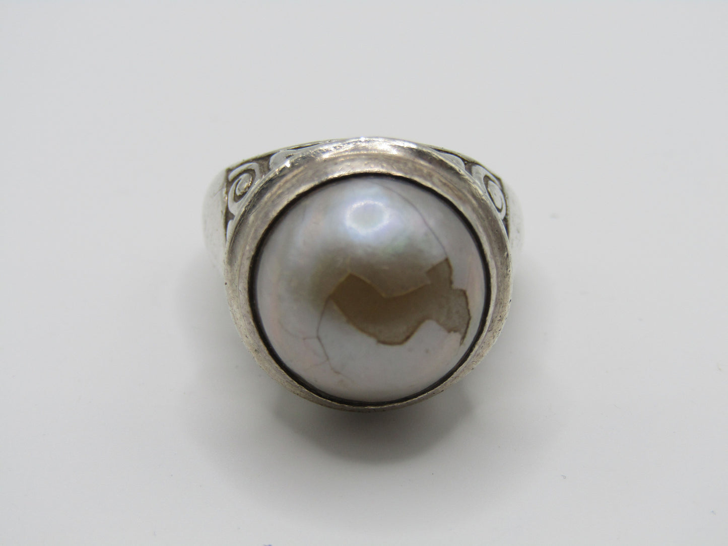 Vintage Artisan Handcrafted Sterling Silver Faux Pearl Ring Size 10
