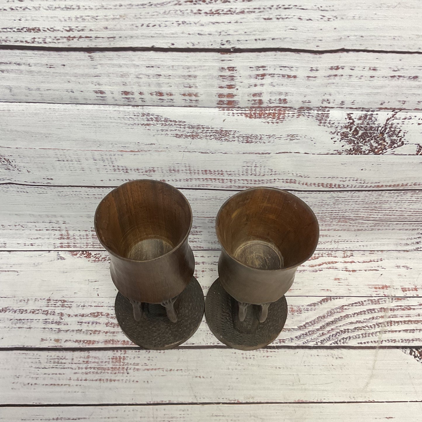Hand Carved African Wooden Drinking Cups 7" Set Of 2