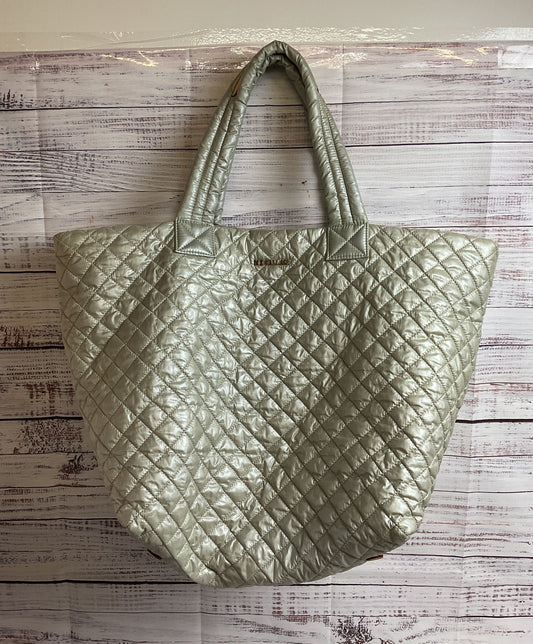 2 Piece MZ Wallace Sutton Deluxe Metallic Silver Quilted Tote & Toiletry Bag
