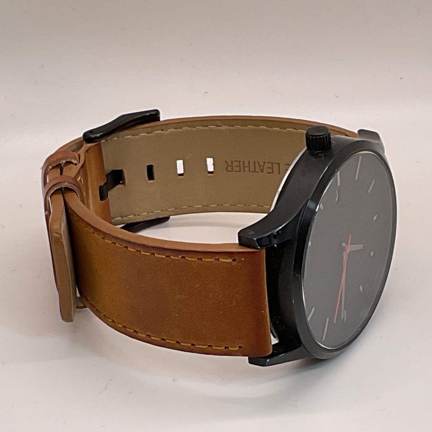 MVMT Classic Men’s Watch Black Stainless Steel Brown Leather Band- NEEDS BATTERY