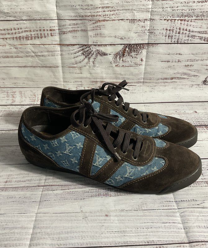 Louis Vuitton Monogram Sneaker Denim Brown Suede Men's Size 10.5
