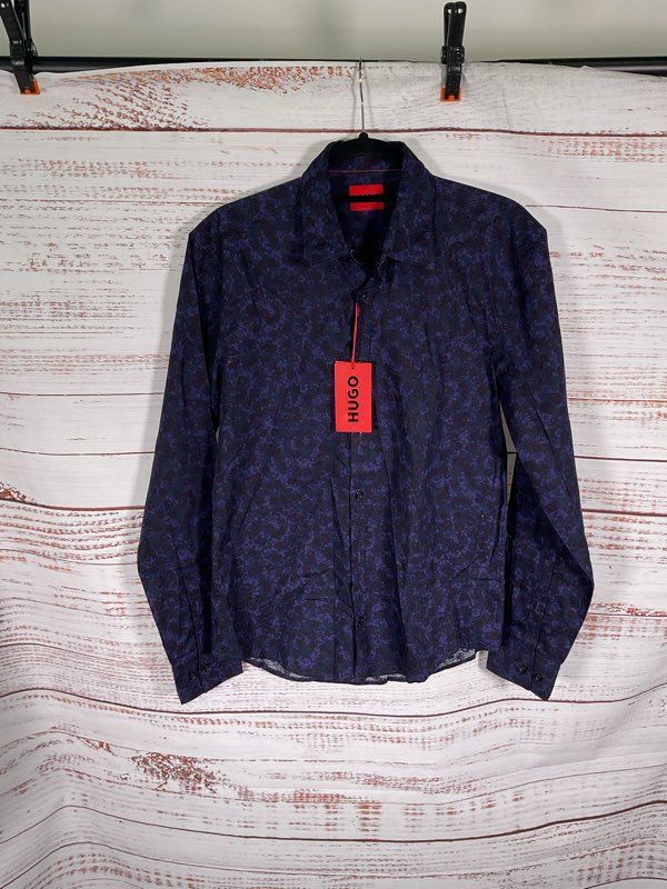 HUGO BOSS Ermo Casual Cotton Shirt Abstract Pattern Kent Collar Slim Fit -Size S