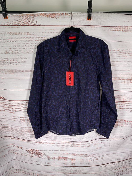 HUGO BOSS Ermo Casual Cotton Shirt Abstract Pattern Kent Collar Slim Fit -Size S