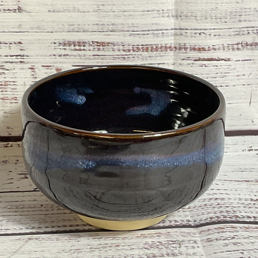 VTG. Signed Japanese Dark Brown & Blue Glazed Tea Bowl- 3"H X 4.5W