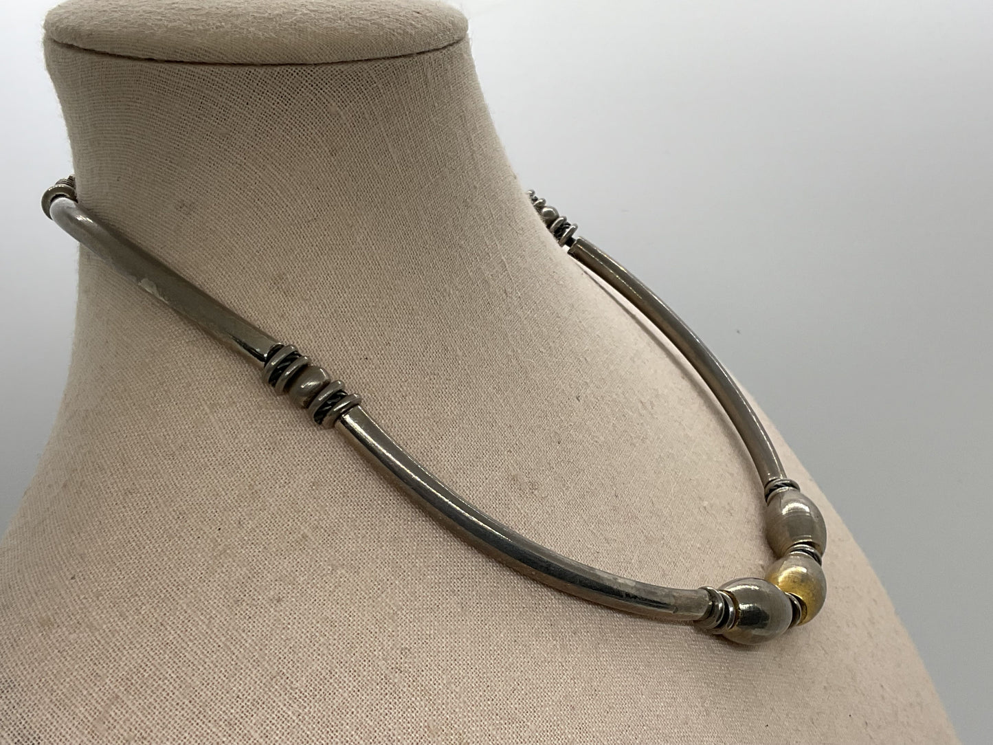 VTG. 70s Bar and Bead Stainless Steel and Brass Necklace- 16"