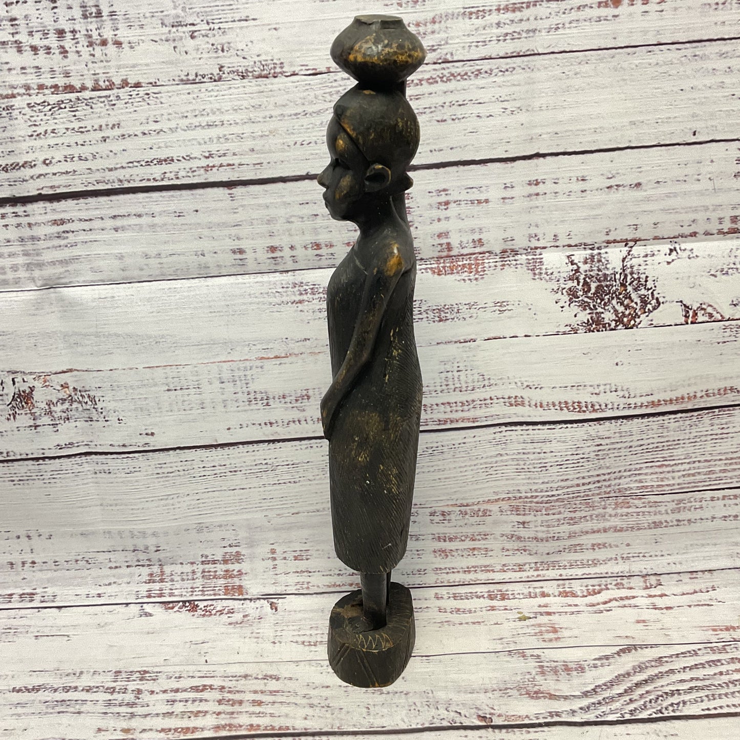 Hand Carved Kenyan Woman Carrying Pot On Head Statue Sculpture