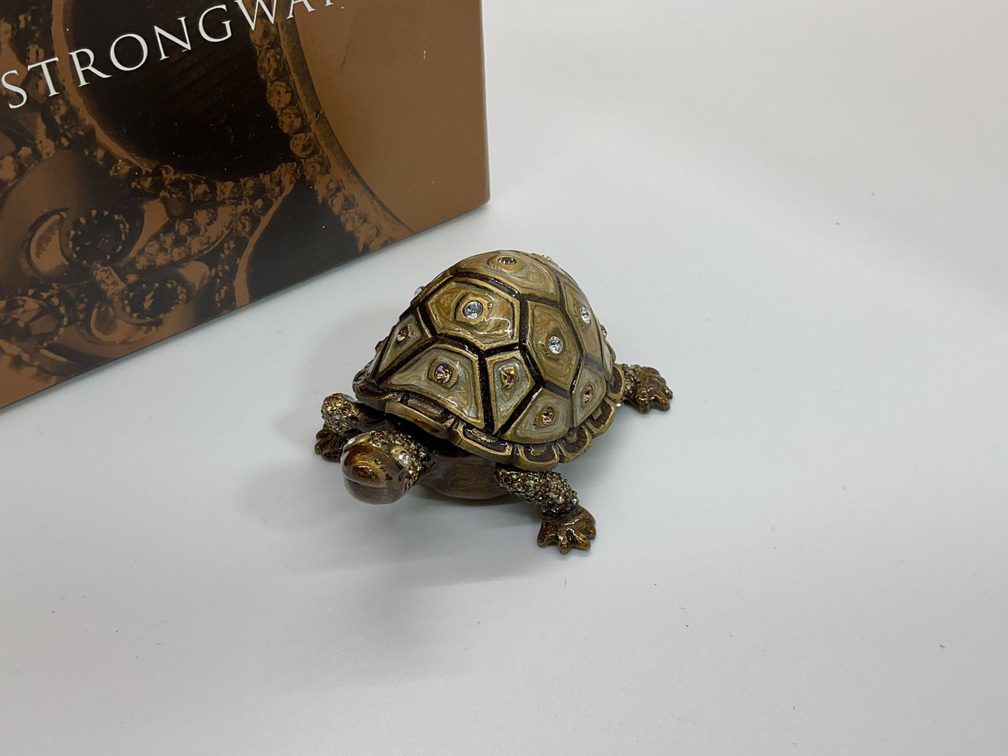 JAY STRONGWATER Brown Golden Brown Amber & Clear Crystals Turtle Trinket Box 3”