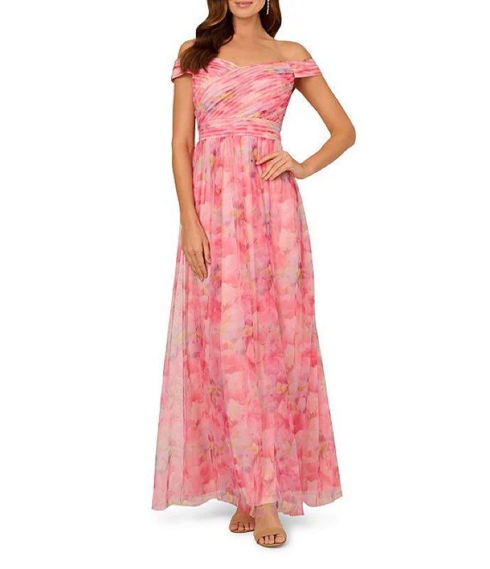 NWT Adrianna Papell Sweat Pea Print Tulle Off Shoulder Gown Size 4 Retail $279