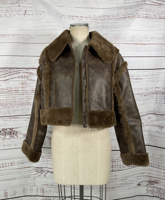 Cider City Chic Faux Shearling Zipper Jacket in Shade 'Coffee' - Size 4