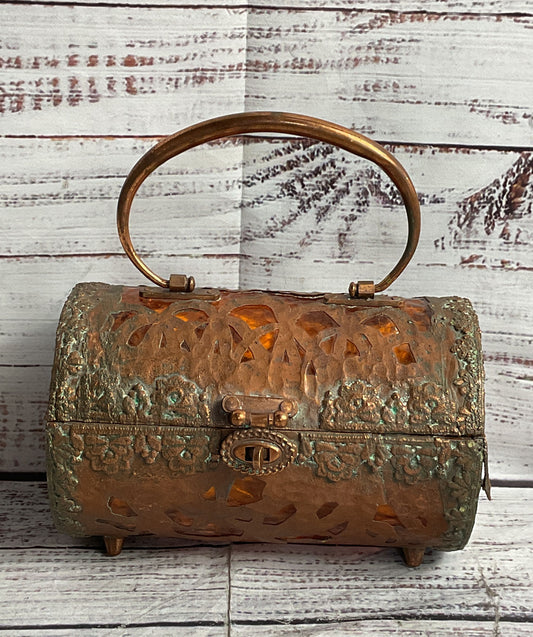 Walborg Vintage Mid Century MCM Lucite Copper Top Handle Bag Amber