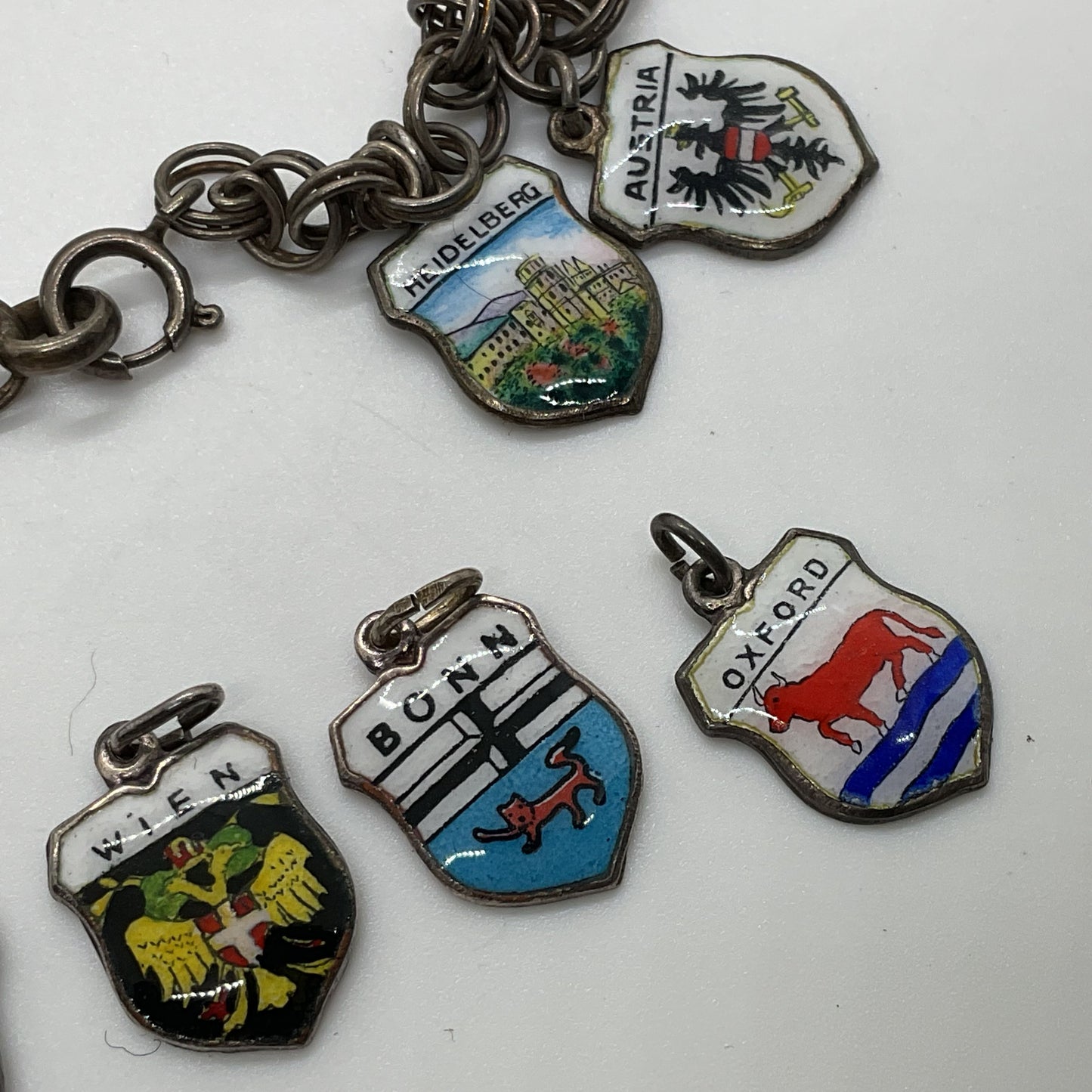 VTG. REU Germany 800 Silver 19 Shield Charms 7.75" Bracelet- 25.98g