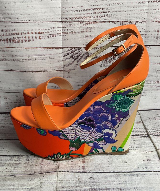 Roberto Cavalli Satin Floral Print Platform Wedge Heels 38.5