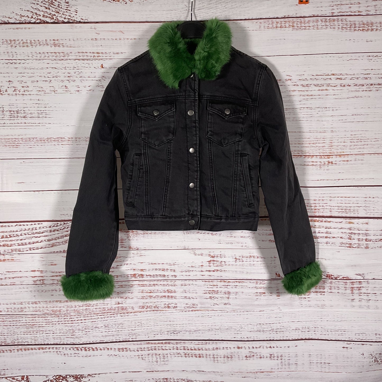 Unif Daria Black Denim Green Faux Fur Collar Cuffs Jacket - Size XS