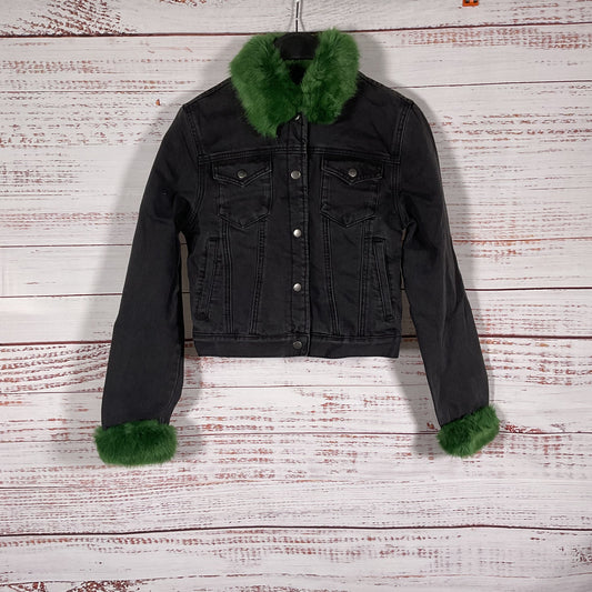 Unif Daria Black Denim Green Faux Fur Collar Cuffs Jacket - Size XS