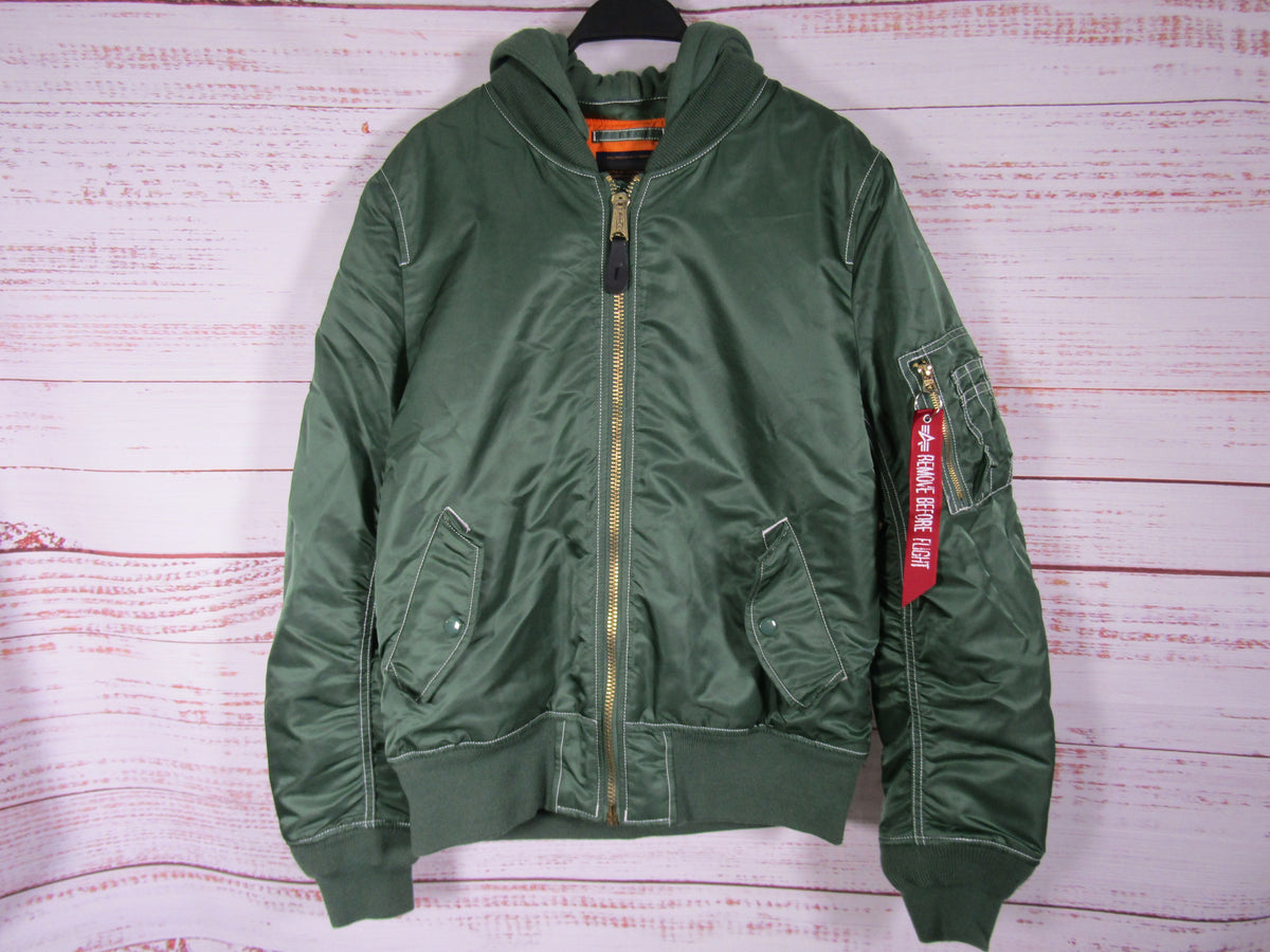 Alpha Industries Men's Green Nylon Hooded Bomber Jacket Size M