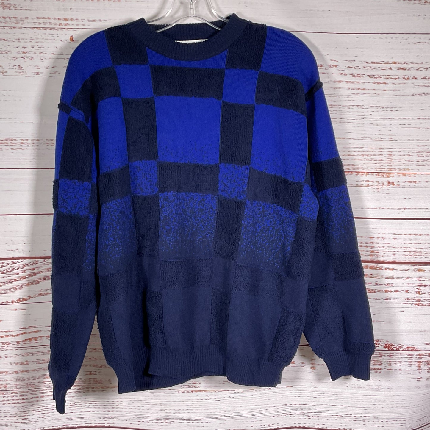 PERCIVAL Men's Blue Color Block Checkered Crew Sweater- SZ M