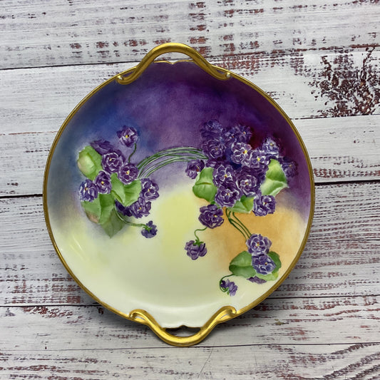 GDA Limoges France Porcelain Purple Hand Painted Flowers Gilded Handled Plate