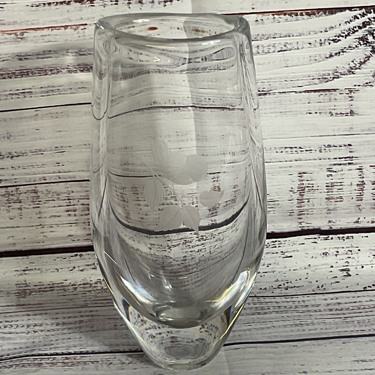 VTG. GLASSKOLAN Crystal Vase with Etched Bird- 8.25"