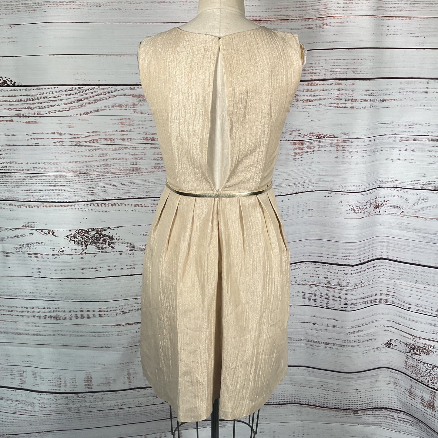 Ellen Tracy Beige Metallic Tone Sleeveless Belted Cocktail Dress - Size 2