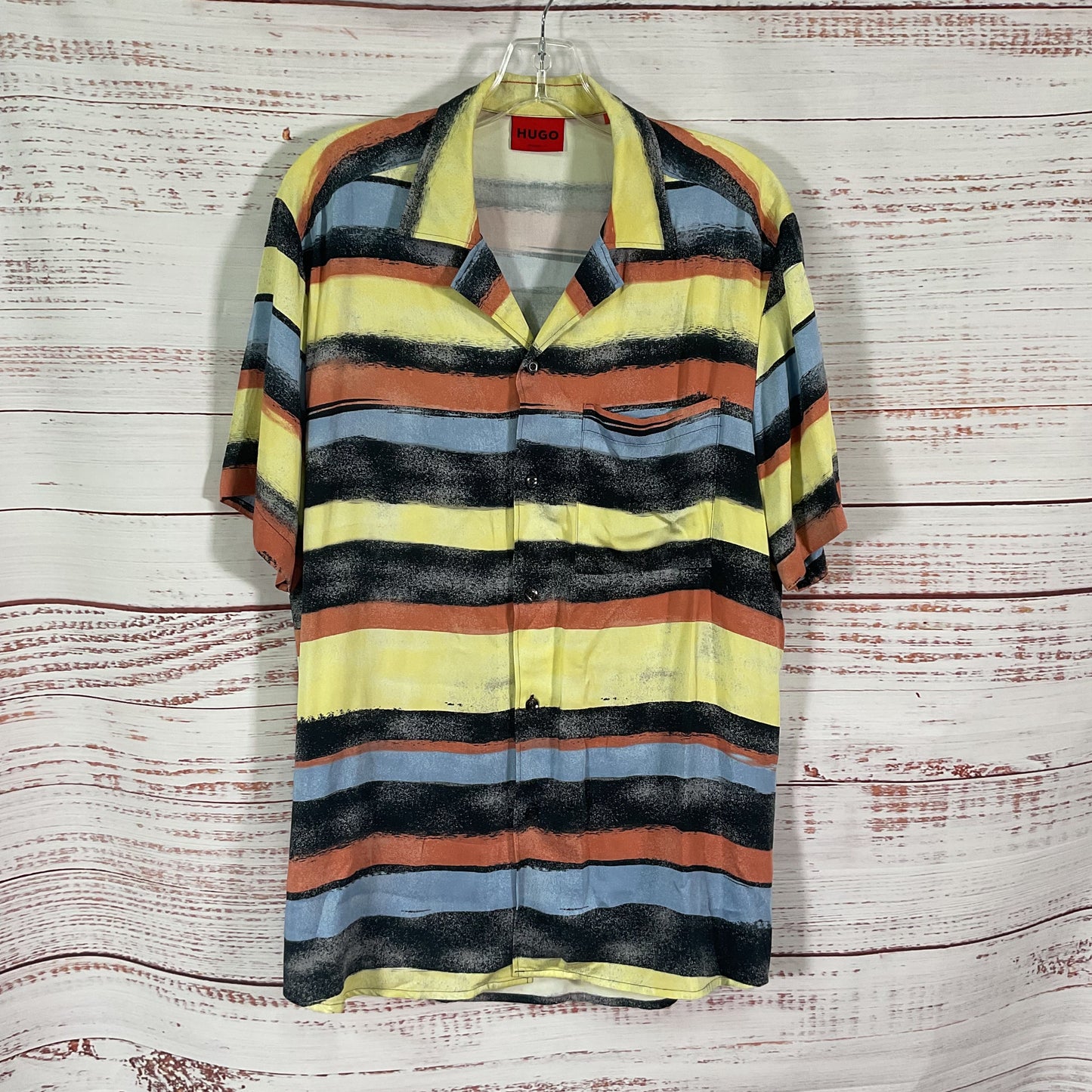 Hugo Boss Yellow Red Black Stripe Button Up Short Sleeve Jacket - Size L