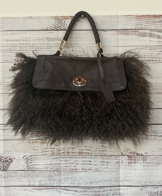 NWT Women's Aqua Madonna Brown Faux Fur and Leather Handbag